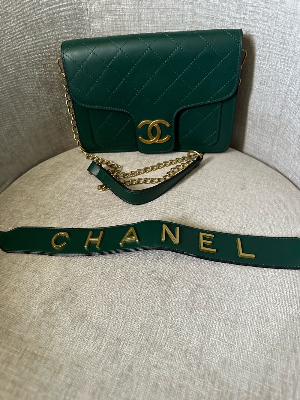 Quilted Emerald Green Leather purse with Gold Hardware
